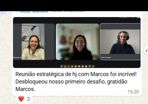 Print de WhatsApp da Geze Gomes elogiando a reunião estratégica com o Marcos.