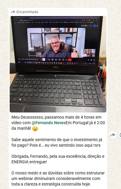Print de WhatsApp de uma aluna em Portugal sobre a sessão de estratégia de webinar com o Fernando Neves.